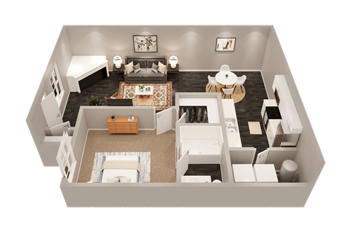 Floor plan for 1 bed, 1 bath, 740 sqft